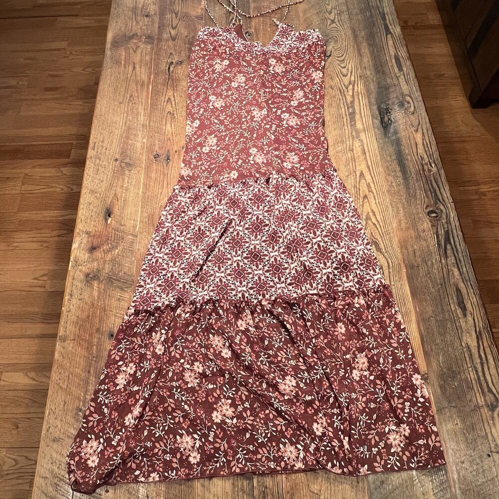 Knox Rose Maxi Dress Tiered Floral Print Mixed Print Strappy Burgundy XS Prairie - Picture 6 of 14